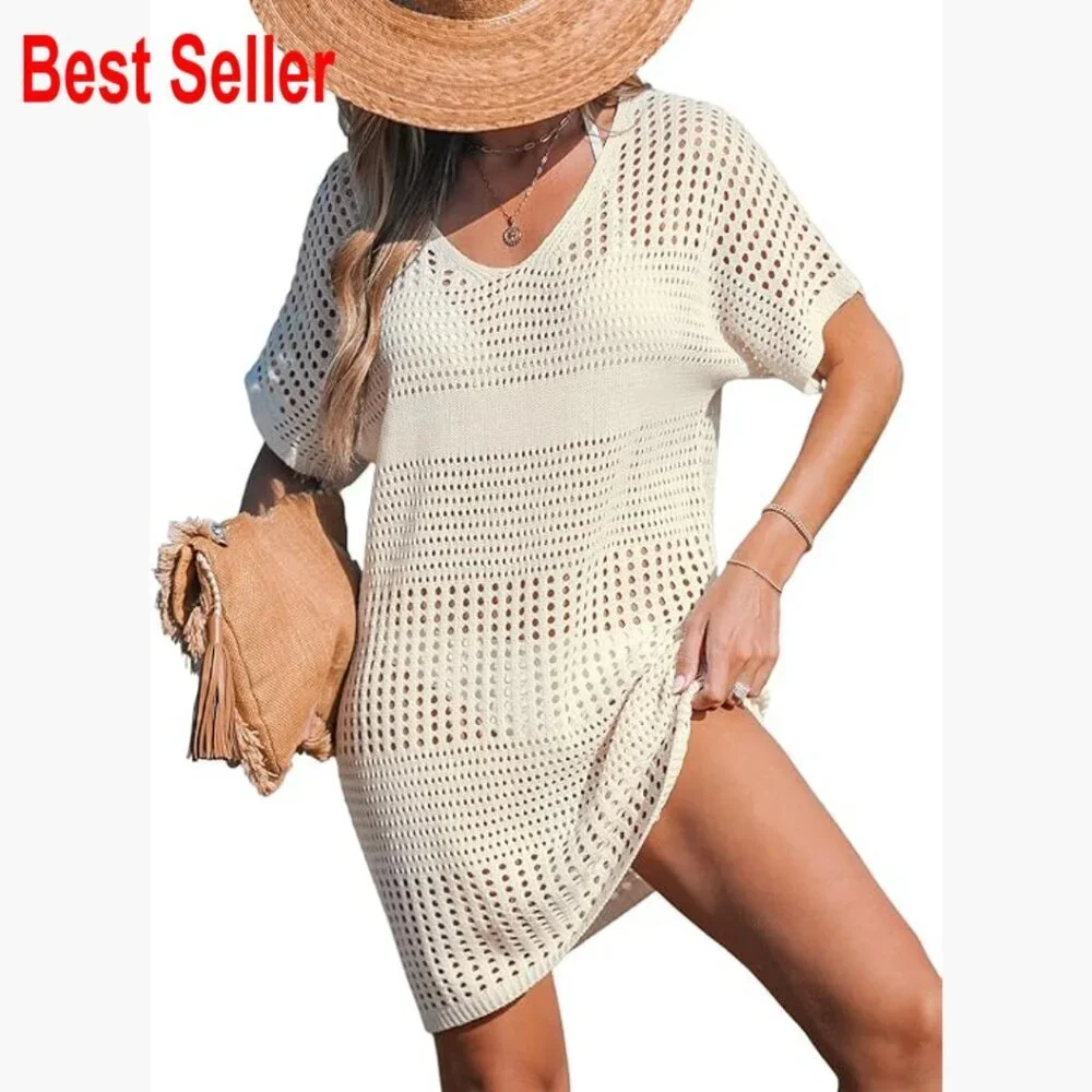 Crochet Swimsuit Cover Up Short Sleeve Beach Dress V Neck
